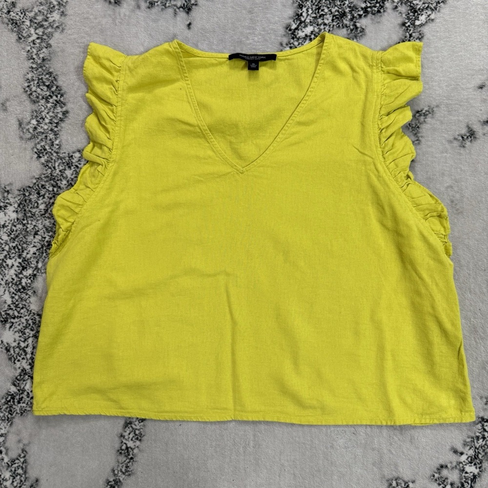 Marc New York Andrew Marc Womens XL Linen Blend Ruffle Sleeve V Neck Yellow Top